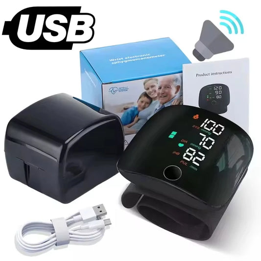 Digital Touch LCD Screen Chargeable Voice Wrist Blood Pressure Monitor Digital Automatic BP Tonometer Heart Rate Sphygmomanomete Black