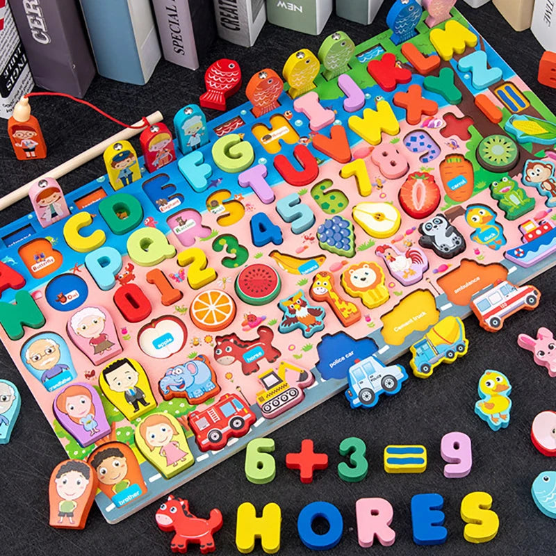 QWZ Kids Montessori Educational Wooden Math Toys Children Busy Board Count Shape Colors Match Fishing Puzzle Learning Toys Gifts 763 9in1 pink
