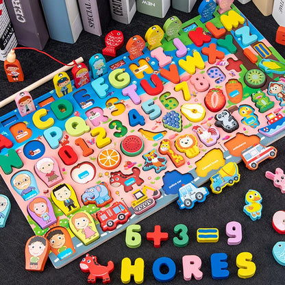 QWZ Kids Montessori Educational Wooden Math Toys Children Busy Board Count Shape Colors Match Fishing Puzzle Learning Toys Gifts 763 9in1 pink