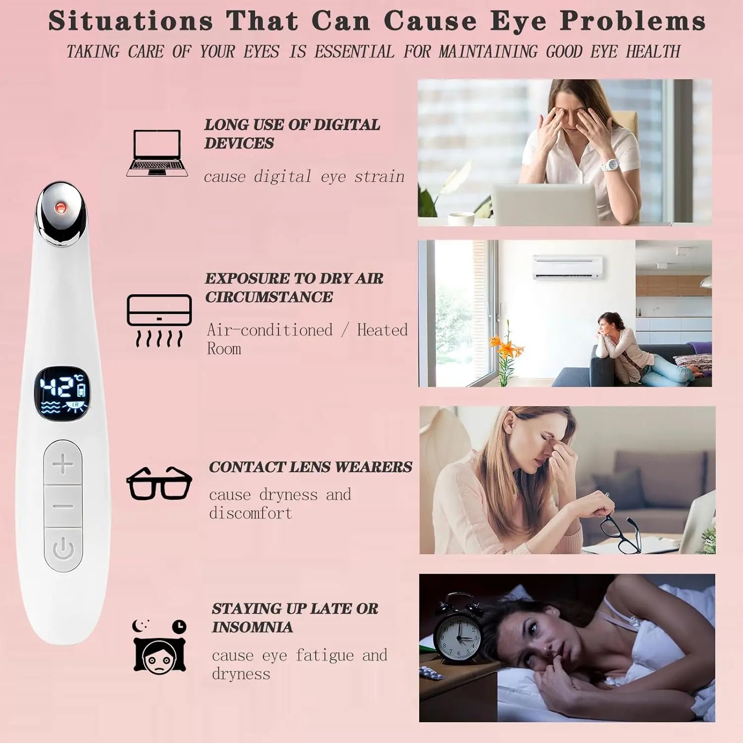 3 in 1 Eye Lift Beauty Device Vibrating Red Light 98°F to 113°F LCD Display Eye Massager Wand for Dry Eye Dark Circle Puffiness