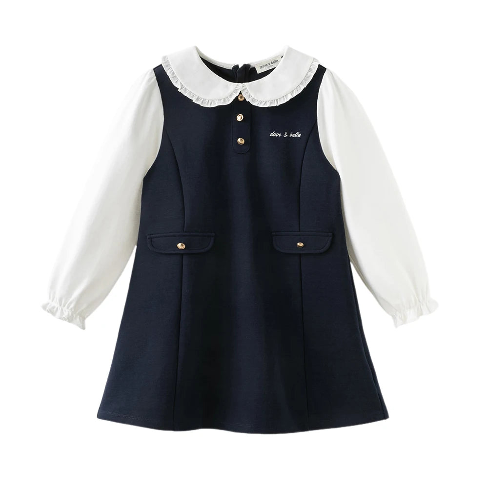 Dave Bella Children's Apring Autumn Dress Sweet Girl's Long Sleeve Princess Dress Fake Two Piece Party Outdoor DK3254322 navy blue