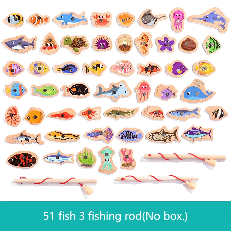 Montessori Wooden Magnetic Fishing Toys Marine Life Cognition Fish Games Early Educational Toy for Kids Parent-child Interactive 51 Random Fish