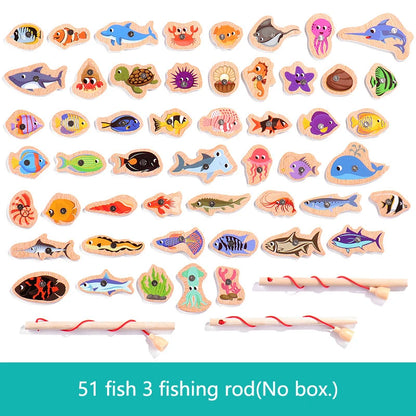 Montessori Wooden Magnetic Fishing Toys Marine Life Cognition Fish Games Early Educational Toy for Kids Parent-child Interactive 51 Random Fish