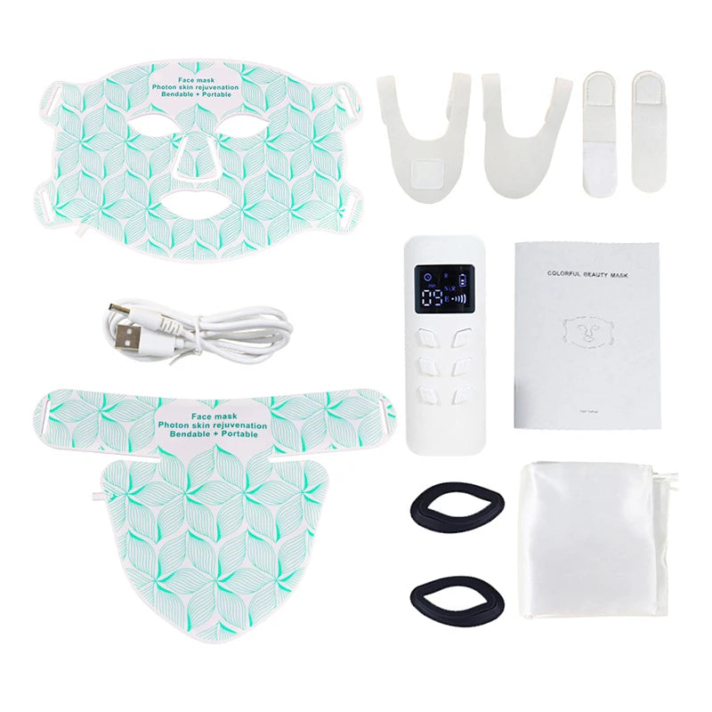 Facial LED Mask with Neck 8 Colors Red Light Near Infrared Therapy Beauty Mask Anti Aging Skin Rejuvenation Lifting Whitening Green set nobox