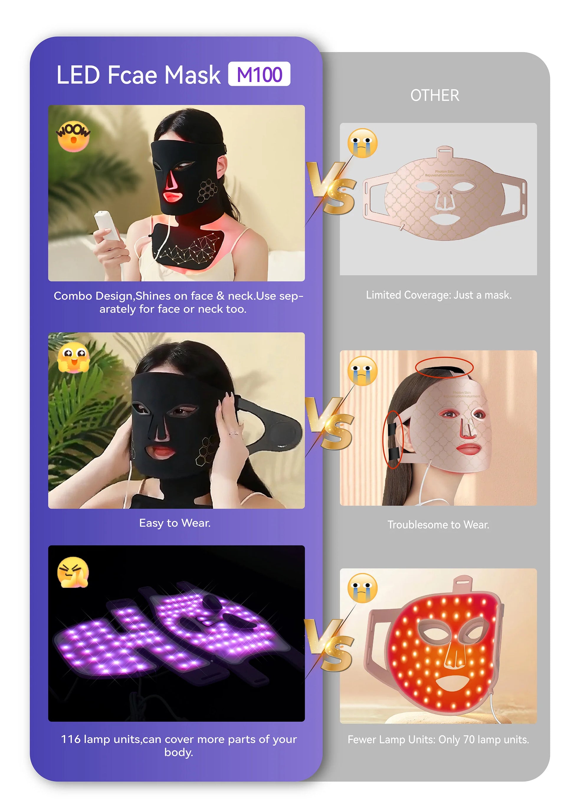 Hello Face Rechargeable Red Light Therapy Mask for Face & Neck Infrared LED Mask Skincare Device for Glowing Skin
