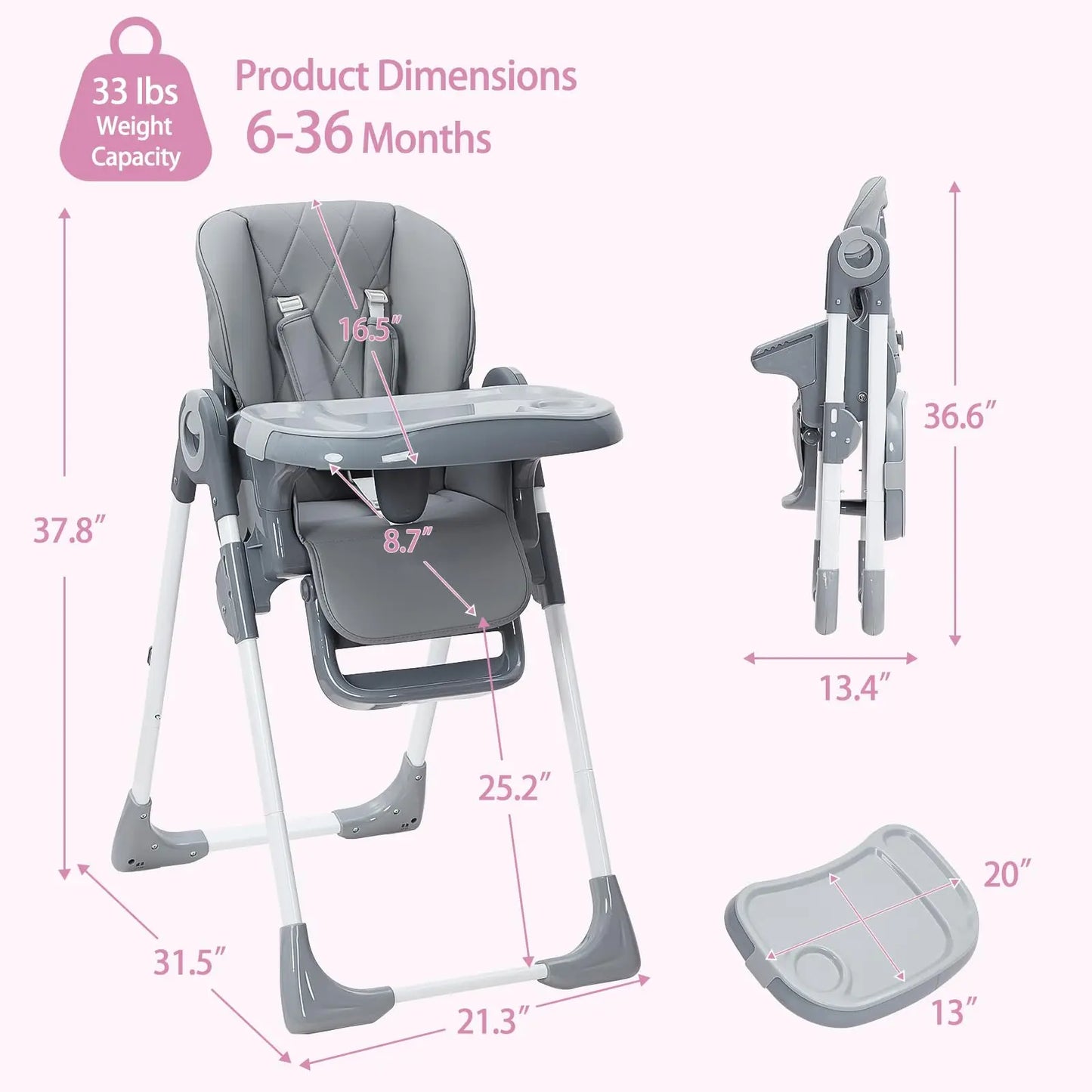Baby High Chair, Multifunctional Infant Highchairs with Adjustable Height and Recline, Foldable High Chair for Babies & Toddlers