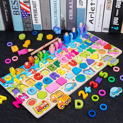 QWZ Kids Montessori Educational Wooden Math Toys Children Busy Board Count Shape Colors Match Fishing Puzzle Learning Toys Gifts 762 7in1