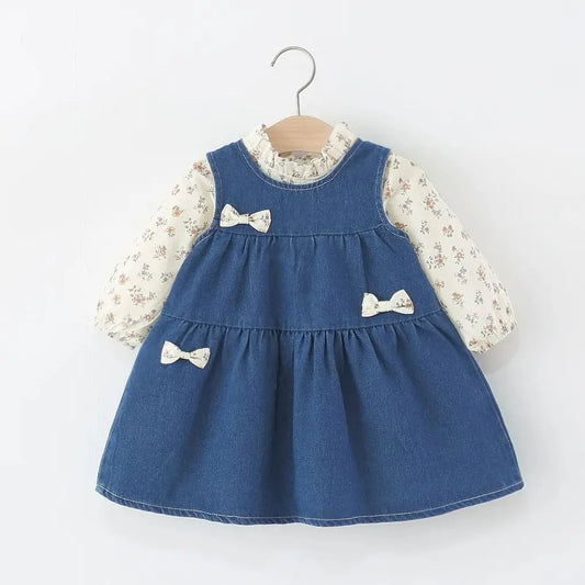 Autumn Baby Clothes Outfits Toddler Girls Clothes Casual Flower T-Shirt+ Denim Dress Suits for Girls Clothing 1st Birthday Sets Blue