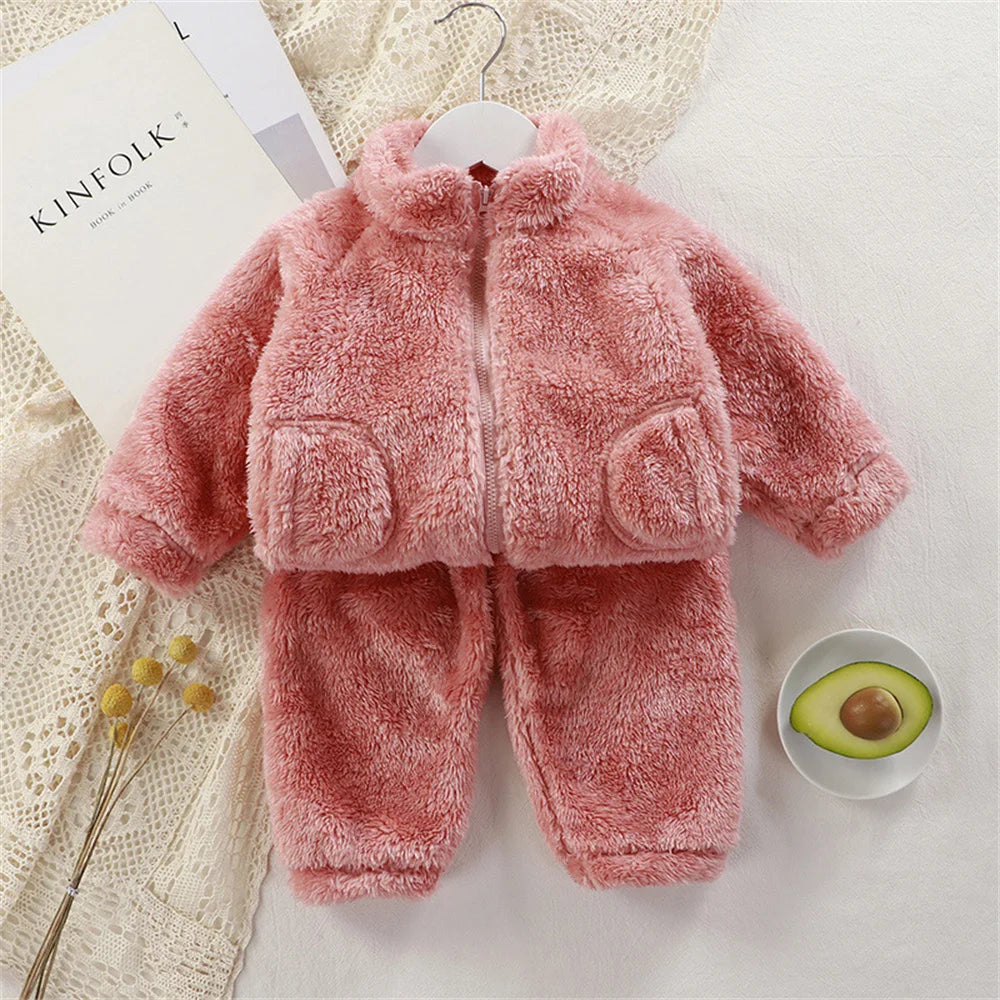 Children's Clothing Sets Autumn Winter Thick Warm Coats Tops + Pants 2Pcs Kids Winter Girl Clothing Sets 1-4 Years Baby Outfits Pink