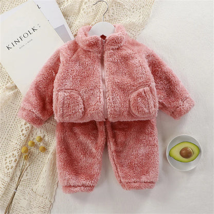 Children's Clothing Sets Autumn Winter Thick Warm Coats Tops + Pants 2Pcs Kids Winter Girl Clothing Sets 1-4 Years Baby Outfits Pink