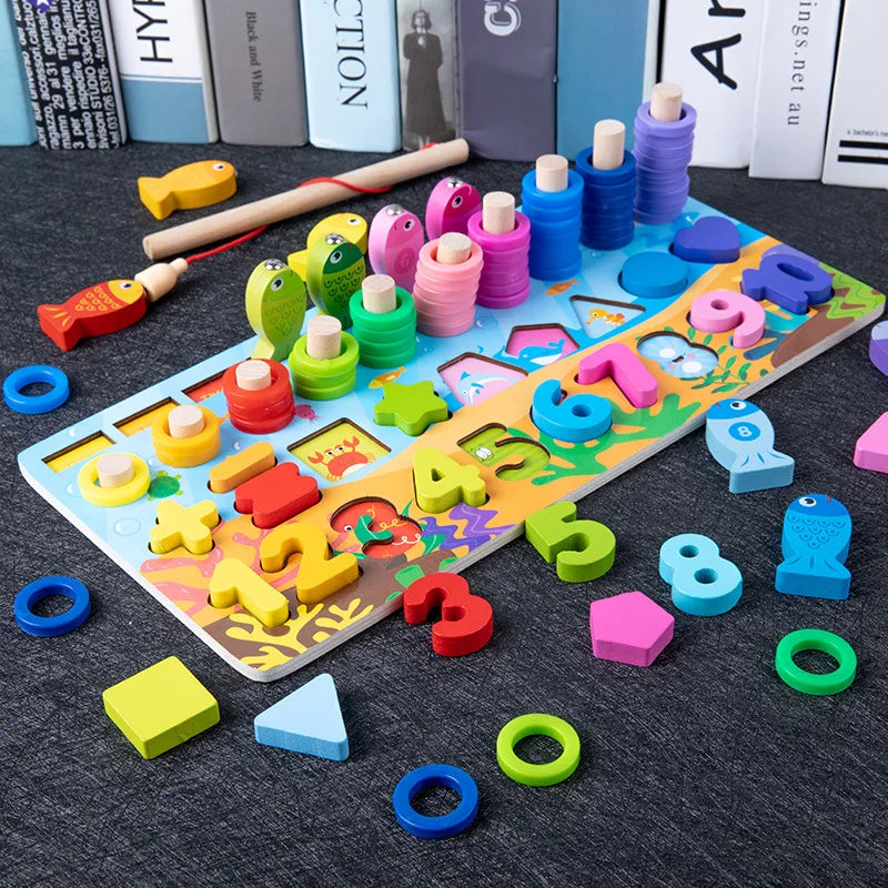 QWZ Kids Montessori Educational Wooden Math Toys Children Busy Board Count Shape Colors Match Fishing Puzzle Learning Toys Gifts 762 4in1