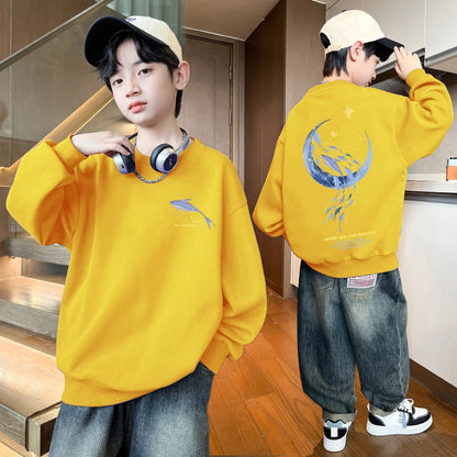 Autumn Boys Clothing 7 To 14 Years Sweatshirt Moon Whale Print Children's Tops Spring Round Neck Long Sleeves Pullovers for Kids Yellow