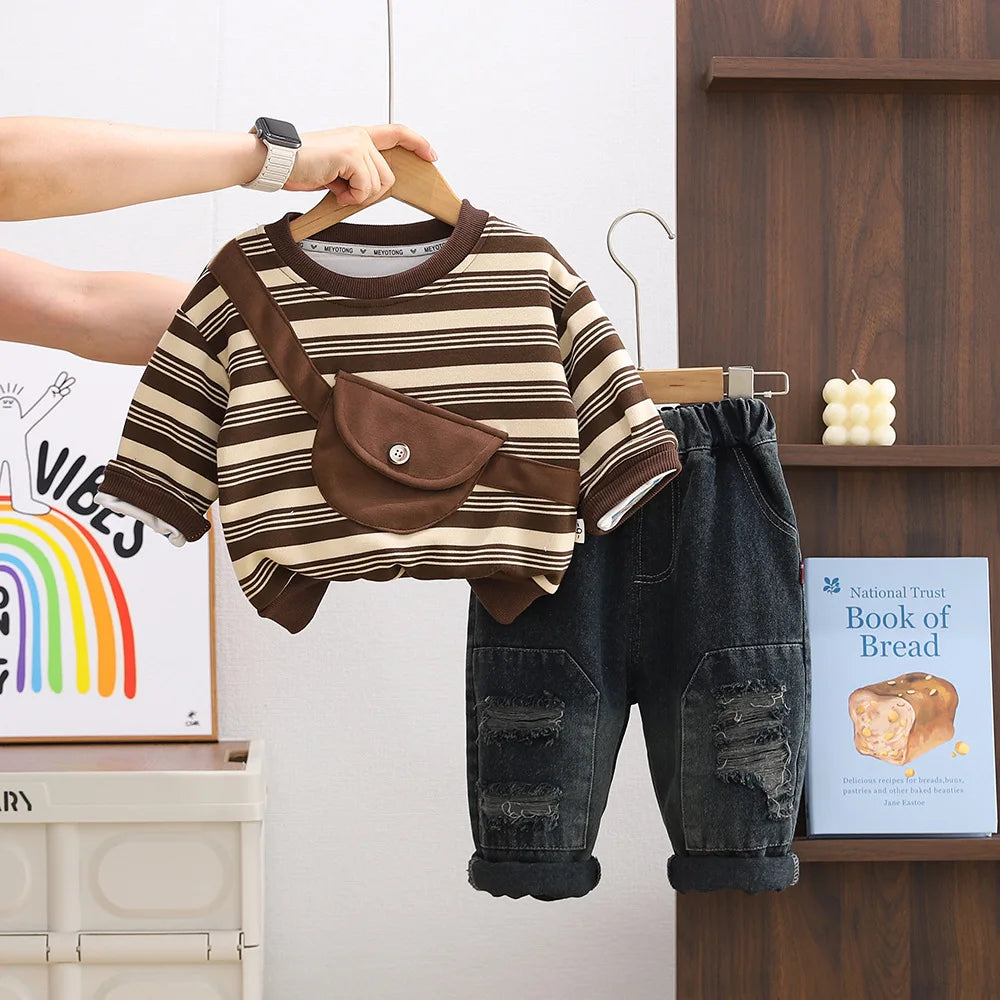 Toddler Baby Boys Clothes Autumn Children Casual Long sleeved T-Shirt +Pants 2Pcs Kids Suits Infant Boy Clothing Set Outfit Brown