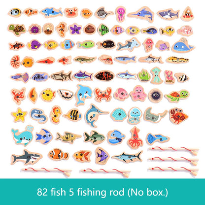 Montessori Wooden Magnetic Fishing Toys Marine Life Cognition Fish Games Early Educational Toy for Kids Parent-child Interactive 82 Random Fish