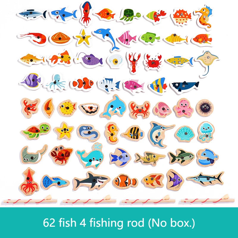 Montessori Wooden Magnetic Fishing Toys Marine Life Cognition Fish Games Early Educational Toy for Kids Parent-child Interactive 62 Random Fish