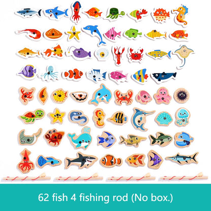 Montessori Wooden Magnetic Fishing Toys Marine Life Cognition Fish Games Early Educational Toy for Kids Parent-child Interactive 62 Random Fish