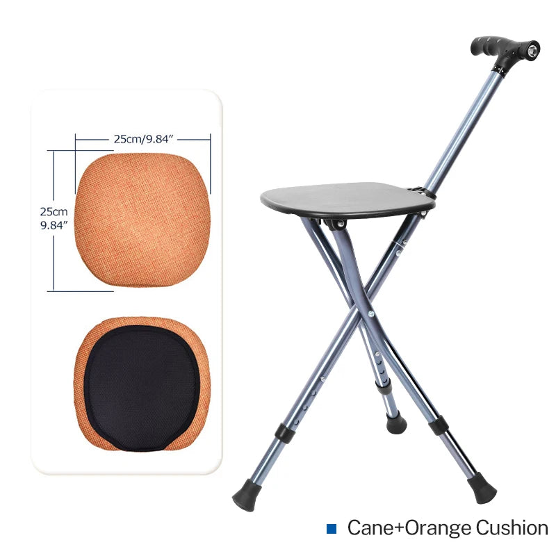 Lefeke Folding Canes with Seat Walking Stick Height Adjustment Cane Seat Foldable Anti-Slip Lightweight Walking Stick for Senior YYG-F-Orange cushion