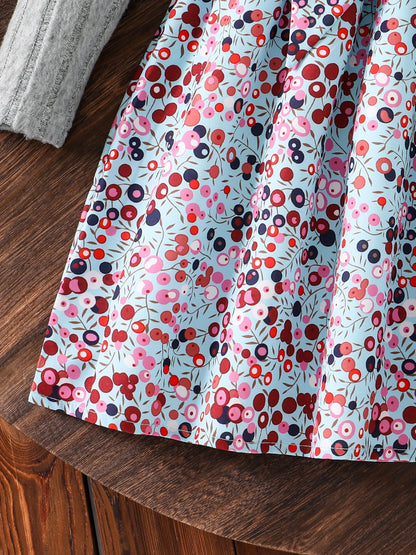 Spring Autumn Girl Casual Casual All-Match Knitted Round Neck Long Sleeve Floral Floral Dress Girls Daily Casual Skirt