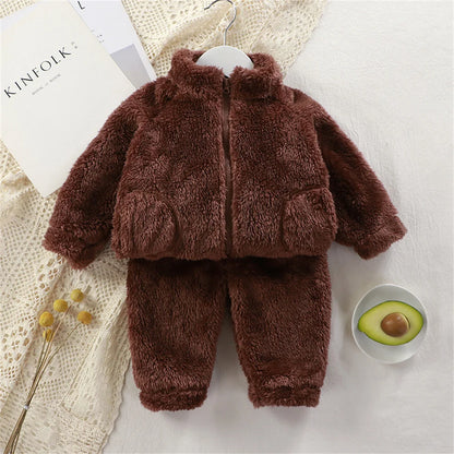 Children's Clothing Sets Autumn Winter Thick Warm Coats Tops + Pants 2Pcs Kids Winter Girl Clothing Sets 1-4 Years Baby Outfits Brown