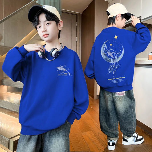 Autumn Boys Clothing 7 To 14 Years Sweatshirt Moon Whale Print Children's Tops Spring Round Neck Long Sleeves Pullovers for Kids Blue