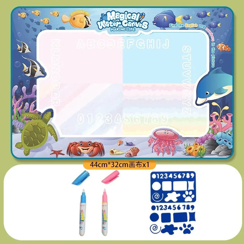 Magic Water Canvas with Pens Reusable Magic Water Drawing Mat for Children Montessori Educational Toys for Kids Christmas Gift 44x32cm SeaWorld