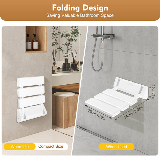 Wall Mounted Shower Seat ,Folding Shower Seat Wall Mounted, Fold Up Shower Chair Non-Slip White Bathroom Wall Stool