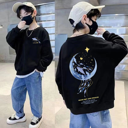 Autumn Boys Clothing 7 To 14 Years Sweatshirt Moon Whale Print Children's Tops Spring Round Neck Long Sleeves Pullovers for Kids black