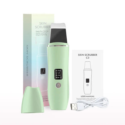 Ultrasonic Skin Scrubber Peeling Blackhead Remover Machine EMS Deep Face Cleaning Ultrasonic Ion Acne Pore Cleaner Facial Shovel green