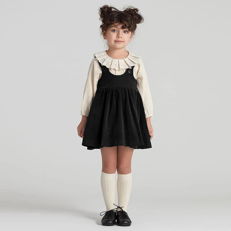 Autumn Winter Girls Retro Corduroy Dress New Baby Kids Sleeveless Adjustable Straps Buttons Loose Sweet Princess Dresses 43 Black