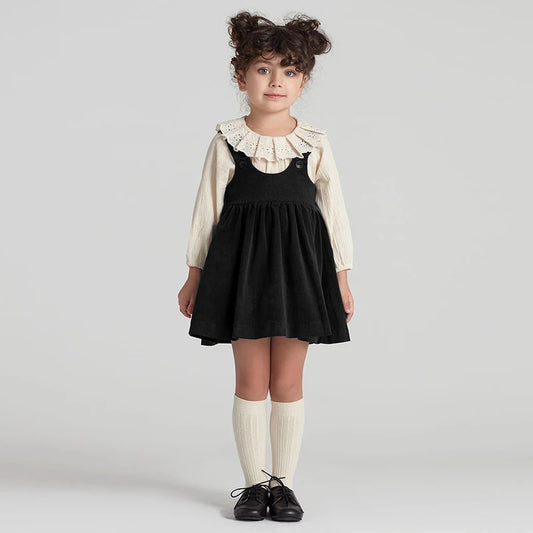 Autumn Winter Girls Retro Corduroy Dress New Baby Kids Sleeveless Adjustable Straps Buttons Loose Sweet Princess Dresses 43 Black