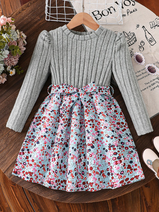 Spring Autumn Girl Casual Casual All-Match Knitted Round Neck Long Sleeve Floral Floral Dress Girls Daily Casual Skirt Kj1C4918B Kj1C4918B