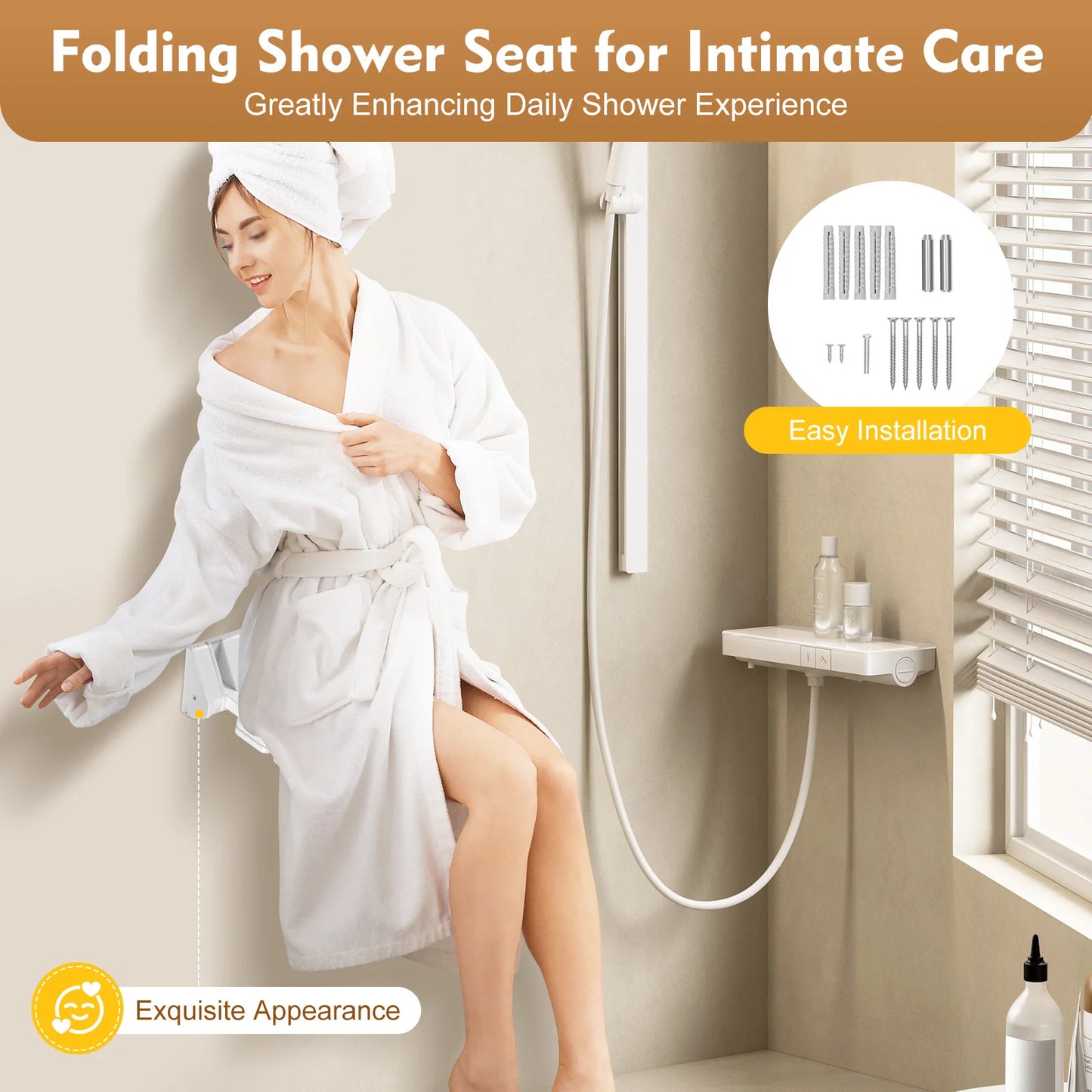 Wall Mounted Shower Seat ,Folding Shower Seat Wall Mounted, Fold Up Shower Chair Non-Slip White Bathroom Wall Stool