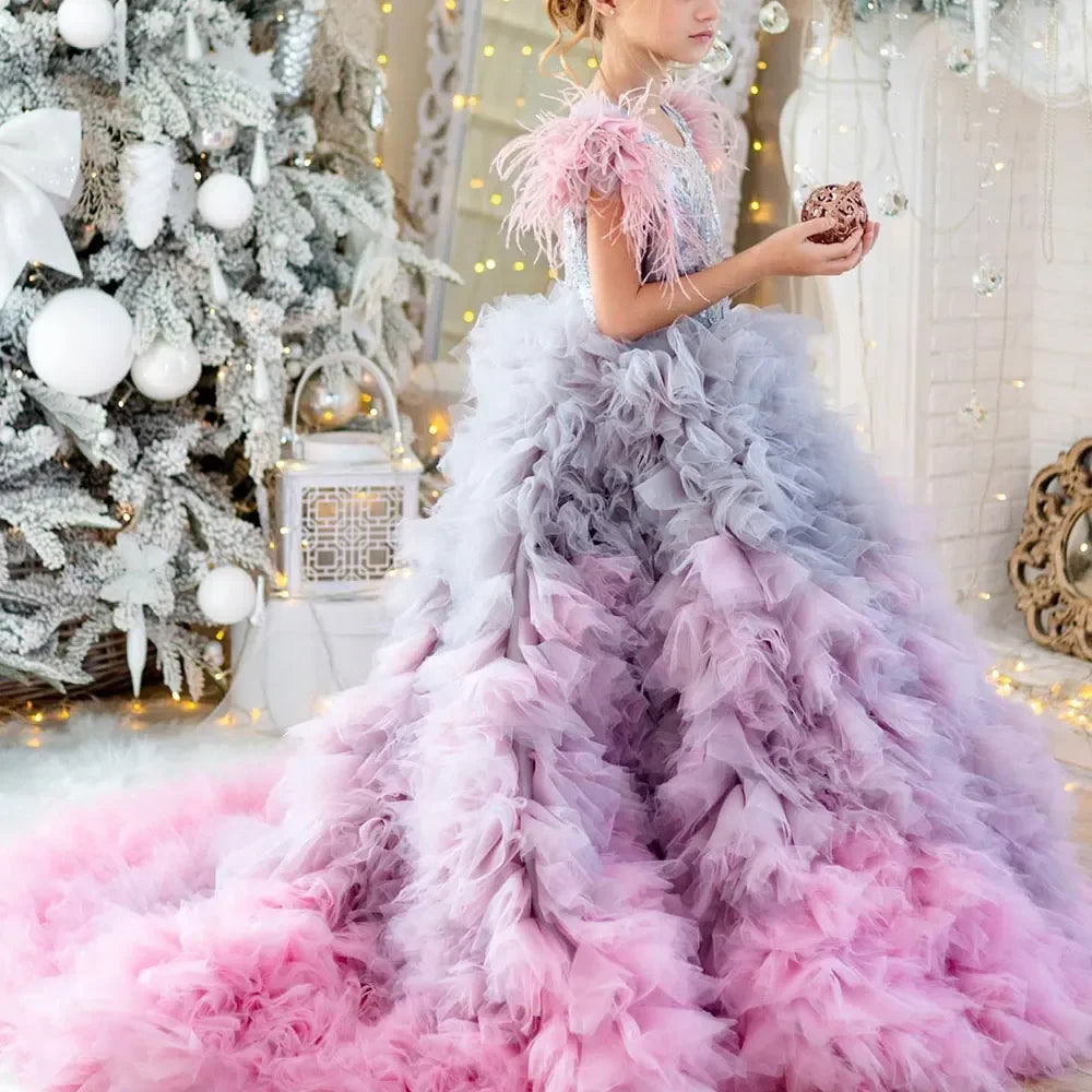 Luxury Flower Girl Dress Applique Feathers Beading Princess Prom Ball Gown for Kids Wedding Birthday Communion Party Quinceañera Gray Lilac