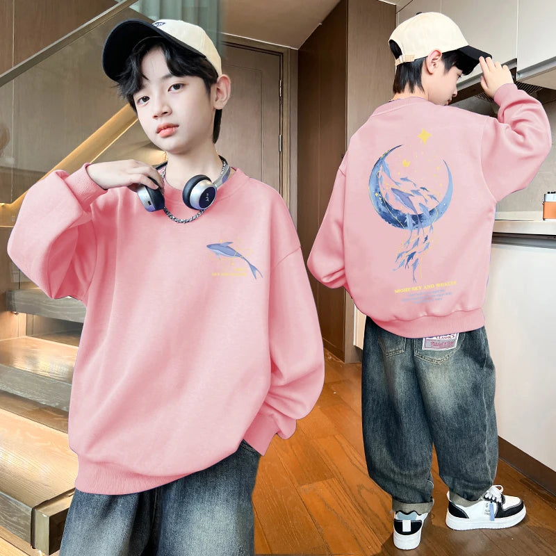 Autumn Boys Clothing 7 To 14 Years Sweatshirt Moon Whale Print Children's Tops Spring Round Neck Long Sleeves Pullovers for Kids Pink