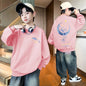 Autumn Boys Clothing 7 To 14 Years Sweatshirt Moon Whale Print Children's Tops Spring Round Neck Long Sleeves Pullovers for Kids Pink