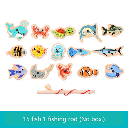 Montessori Wooden Magnetic Fishing Toys Marine Life Cognition Fish Games Early Educational Toy for Kids Parent-child Interactive 15 Random Fish