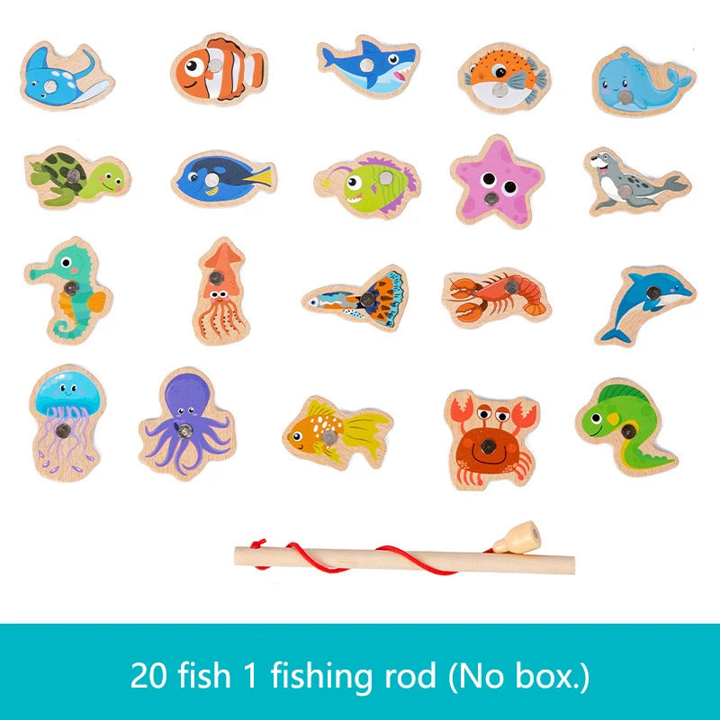 Montessori Wooden Magnetic Fishing Toys Marine Life Cognition Fish Games Early Educational Toy for Kids Parent-child Interactive 20 Random Fish