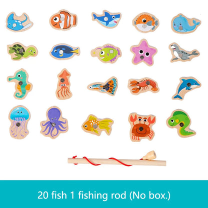 Montessori Wooden Magnetic Fishing Toys Marine Life Cognition Fish Games Early Educational Toy for Kids Parent-child Interactive 20 Random Fish