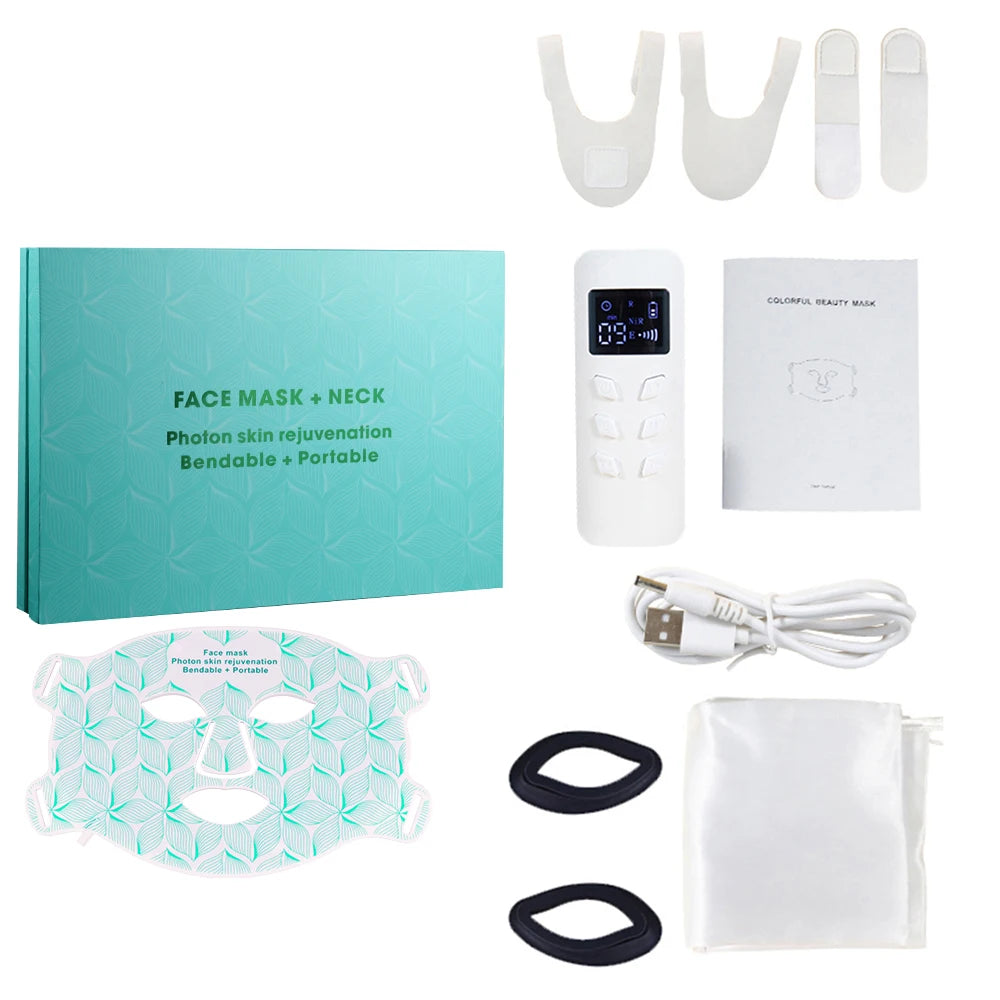 Facial LED Mask with Neck 8 Colors Red Light Near Infrared Therapy Beauty Mask Anti Aging Skin Rejuvenation Lifting Whitening Green Mask with box