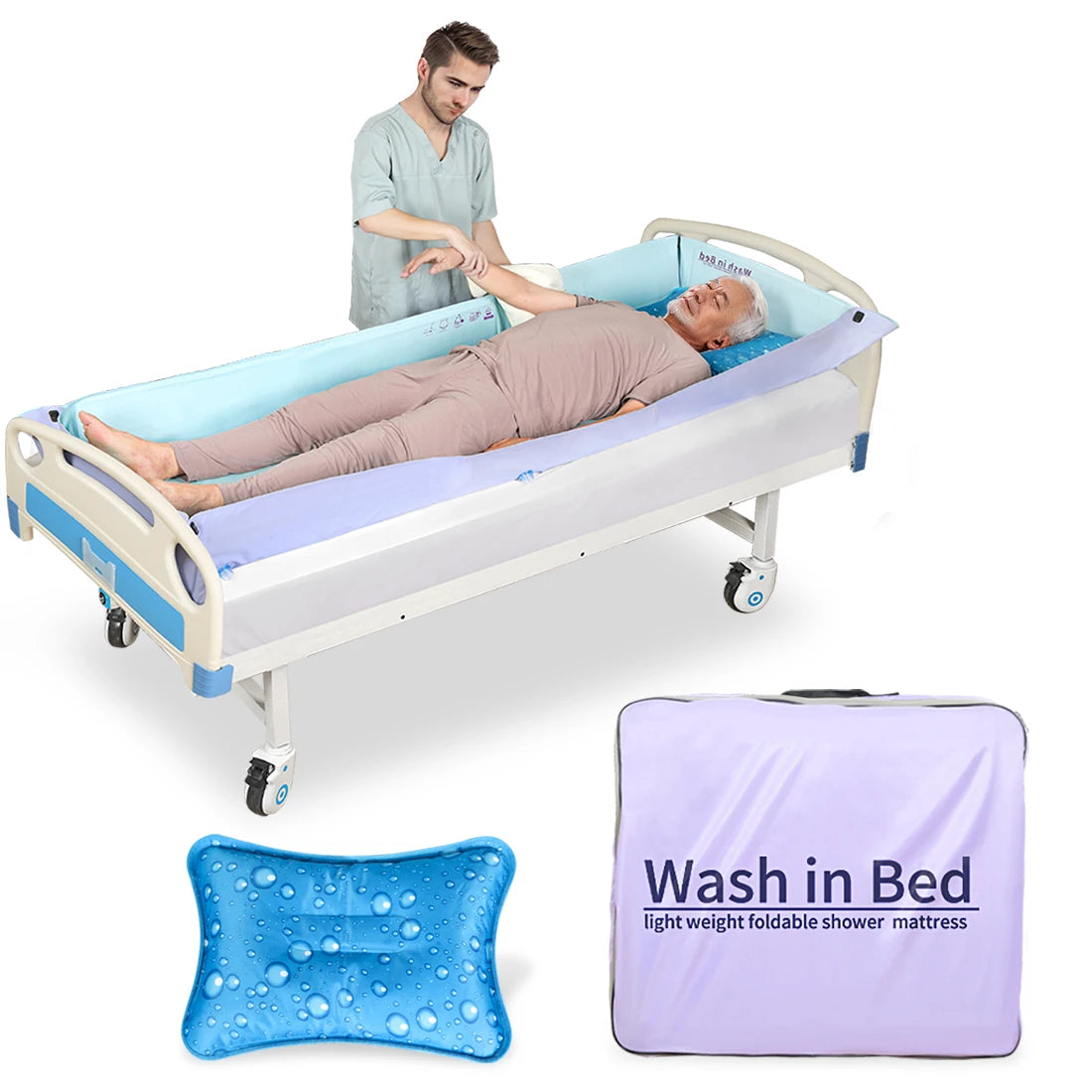 Ehucon Disabled Foldable Bathtub Portable Washing in Bed System Patient Shower Mattress for the Elderly Bedridden People Clean Triple fold