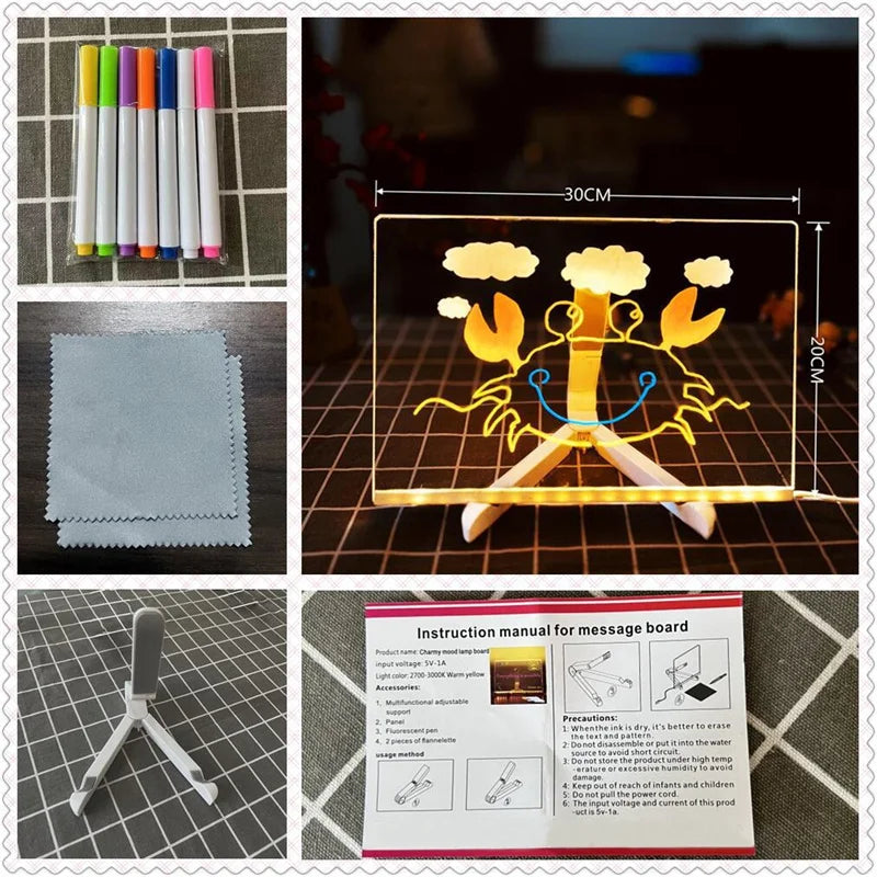 Acrylic Clear Light Up Drawing Board,Glow Erasable Memo LED Magic Board , Kids DIY Toys , with 7 Color Markers Pen and Stand large 30x20