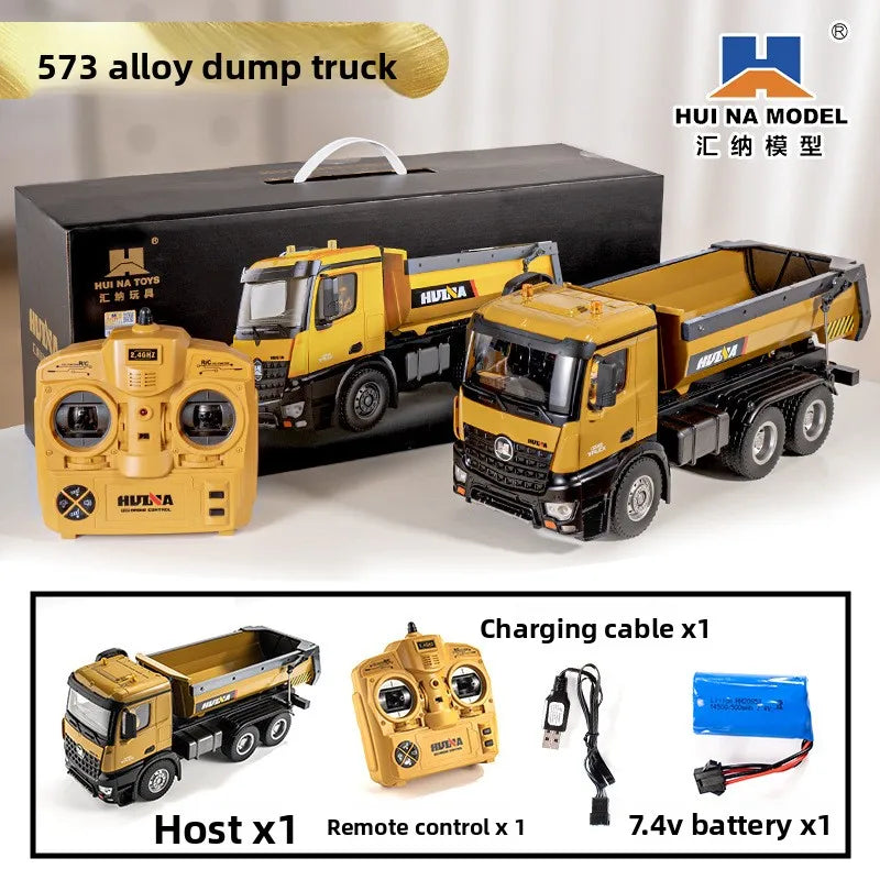 Huina 573 New 10-Channel 1:14 Alloy Remote Control Full-Scale Heavy-Duty Engineering Dump Truck Remote Control Toy With Lights 573