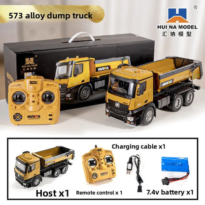 Huina 573 New 10-Channel 1:14 Alloy Remote Control Full-Scale Heavy-Duty Engineering Dump Truck Remote Control Toy With Lights 573