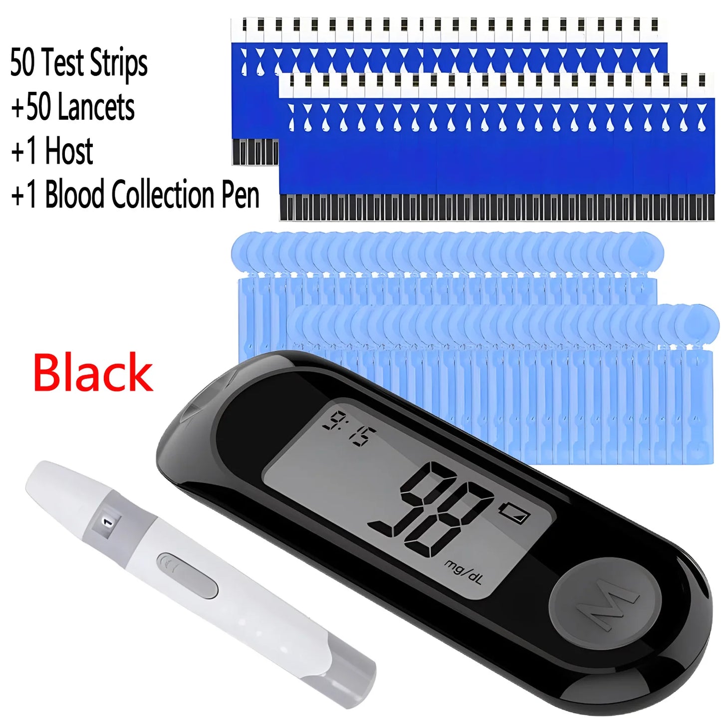 Blood Glucose Meter Diabetes Testing Kit Diabetes Lancet Machine Glucometer with 50pcs Test Strips+50 Lancets Blood Sugar Meter Black