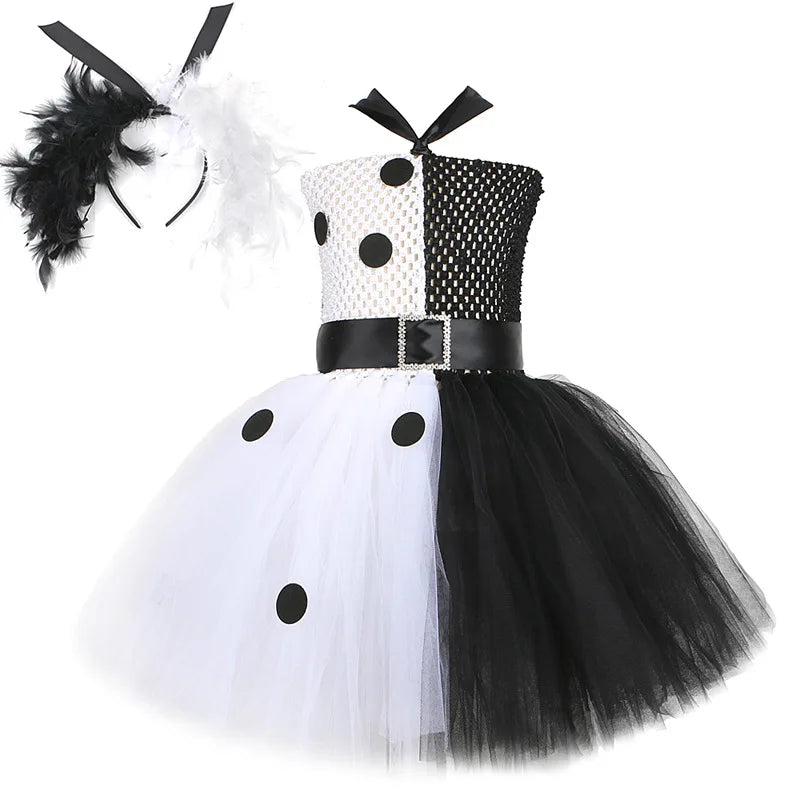 Halloween Costume Kids Black White Dalmatians Party Dress Clown Birthday Prom Dress Up Puffy Dress For Girls Clothes With Belt style 2 CHINA