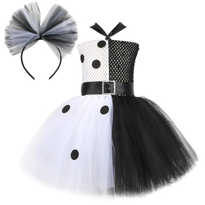 Halloween Costume Kids Black White Dalmatians Party Dress Clown Birthday Prom Dress Up Puffy Dress For Girls Clothes With Belt style 3 CHINA