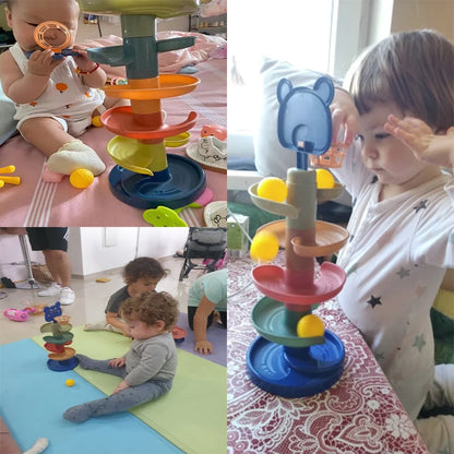 Babyleker rullende ballstabel tårn tidlig pedagogisk leke for babyer roterende bane pedagogisk babygave stabling leke for barn